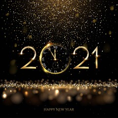 Wall Mural - Happy new year clock countdown background. Gold glitter shining in light with sparkles abstract celebration. Greeting festive card vector illustration. Merry holiday poster or wallpaper design