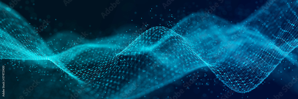 Abstract technology stream background. Digital dynamic wave of dots. Network connection structure. 3D rendering. - obrazy, fototapety, plakaty 