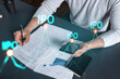 © VideoFlow - Double exposure of man signing contract with phone and ipo hologram. Concept of initial primary offering, investment.
