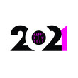 Happy 2021 new year. Simple black and hot pink design on white background. Negative space effect. Vector EPS 10 illustration. 