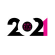 Happy 2021 new year. Simple black and hot pink design on white background. Negative space effect.