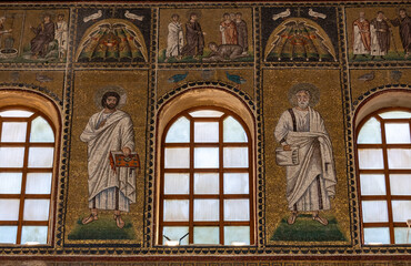 Canvas Print -  Mosaics on the side wall in Basilica of St Apollinare Nuovo in Ravenna, Italy