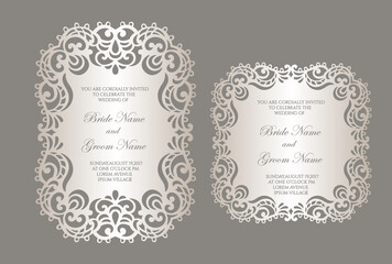 Wall Mural - Laser cut wedding invitation template with lace border. flat frame card mockup.