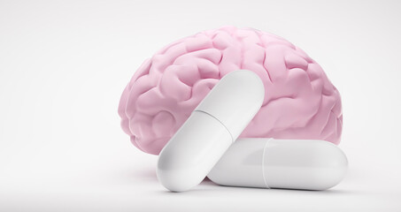 Wall Mural - White Pills with brain model on white background - 3D illustration