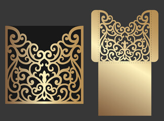 Wall Mural - Ornate laser cut wedding invitation pocket fold envelope design. Cutting plotter template.