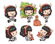
Vector illustration of cute chibi character isolated on white background. Cartoon girl in cow costume for new year 2021. 