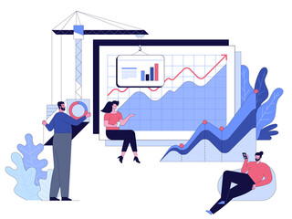 Wall Mural - web development and software programming concept. woman analyzing growth graph data on huge screen. 