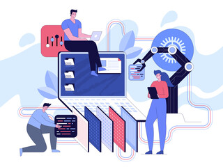 Wall Mural - web development and software programming banner concept. developer sits on huge laptop, programmer a