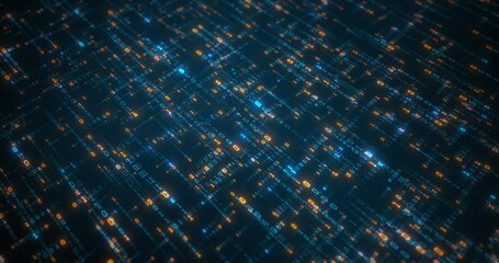 Binary data moving in all directions creating a web of information across the screen and angle. orange and blue digit zero and one rendering a trail of data. High Tech Background. 4K loop, 3D render