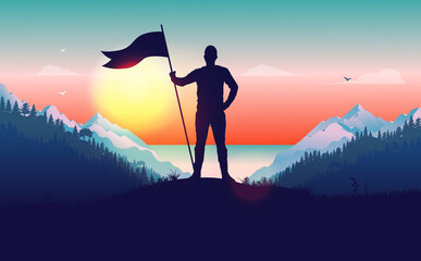 Wall Mural - Holding flag with pride - Stand fast man with raised flag in front of epic landscape. Male self esteem concept, vector illustration.