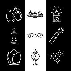 Poster - happy diwali india festival, deepavali religion event line style icons set vector