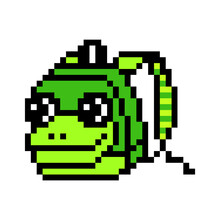 Pixel art kids' plush green frog backpack. 8 bit animal school bag icon isolated on white background. Old school vintage retro 80s-90s slot machine/ video game graphics.