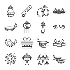 Sticker - happy diwali india festival, deepavali religion event, line style icons vector