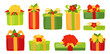 © neliakott - Present box christmas flat set. Cartoon boxes different shapes with poinsettia, holly, ribbon bows. Holiday traditional colorful gifts. New Year design collection. Vector illustration