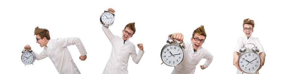 Wall Mural - Funny doctor with alarm clock isolated on white