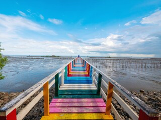 Rainbow Bridge and seaside bridge, bright colors, eye-catching contrast with the clear blue sky. And a panoramic view of the sea