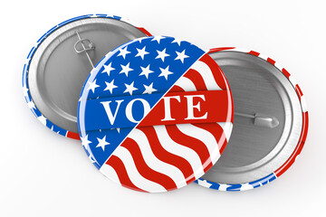 American red, white, and blue Vote pin. Voting button for US presidential election or local elections. 3d render.