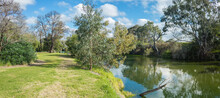 Panoramic View Of Nature Reserve At The Riverbank Of Werribee River. Beautiful Australian Nature Landscape With Native Trees And Waterway. Melbourne, VIC Australia.