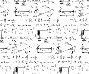 Wall Mural - Physics seamless pattern with the equations, figures, schemes, formulas and other calculations on whiteboard. Vintage scientific and educational handwritten vector background.