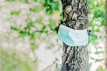 Medical mask placed on a tree trunk