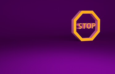 Sticker - Orange Stop sign icon isolated on purple background. Traffic regulatory warning stop symbol. Minimalism concept. 3d illustration 3D render.