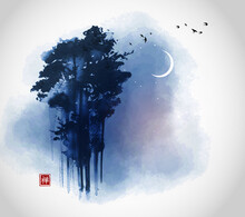 High Green Forest Trees And Flock Of Birds On Night Sky Background With Crescent Moon. Traditional Oriental Ink Painting Sumi-e, U-sin, Go-hua. Translation Of Hieroglyph - Zen