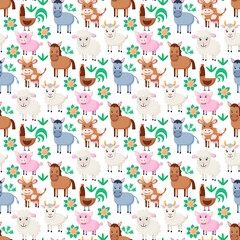  Farm animals seamless pattern. Collection of cartoon cute baby animals. Cow, sheep, goat, horse, donkey, pig, cock.