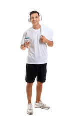 Sticker - Sporty young man with bottle of water on white background