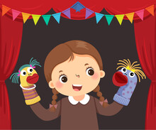 Vector Illustration Cartoon Of Little Girl Playing Sock Puppets Theatre.