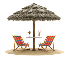 Beach Chairs And Umbrella With Cocktail Drinks - 3D Illustration
