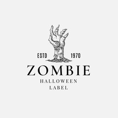 Wall Mural - premium quality halloween logo or label template. hand drawn zombie hand sketch symbol and retro typ