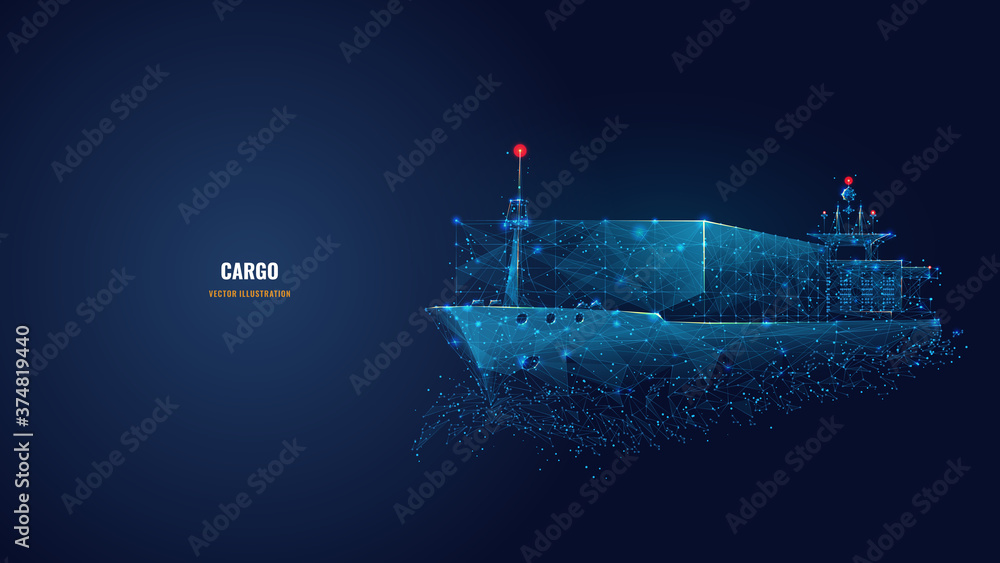 Abstract low poly 3d cargo ship isolated in dark blue background. Container ships, transportation, logistics or international shipping concept. Digital vector mesh illustration looks like starry sky - obrazy, fototapety, plakaty 