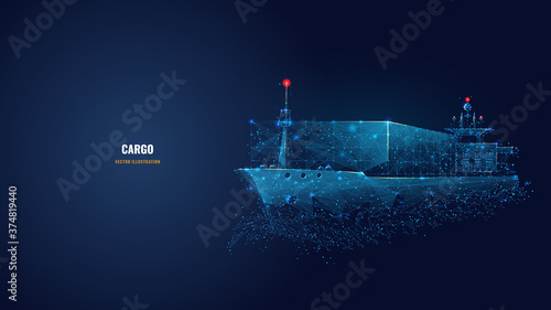 Fotografía Abstract low poly 3d cargo ship isolated in dark blue background