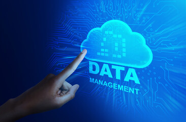 Poster - 3d Male Hand Touching Virtual Screen With Data Management Storage Cloud Hologram
