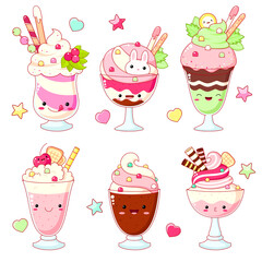 Wall Mural - Set of cute sweet icons in kawaii style