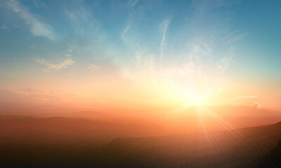 Wall Mural - backgrounds of inspire concept: top of blue and orange mountain with sunshine sky sunset landscape. 