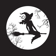 Silhouette Of Beautiful Witch Girl On A Broom In Front Of The Full Moon In Profile Isolated Hand Drawn Vector Illustration