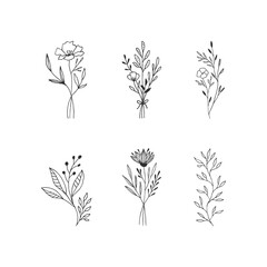 Set of hand drawn bouquets of flowers. Vector isolated illustration.