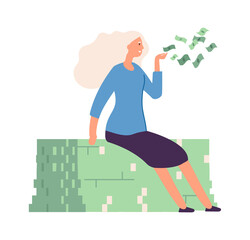 Poster - Woman sharing money. Flying cash, rich girl donating. Isolated wealthy businesswoman, job success or financial growth vector illustration. Successful happiness woman sharing money