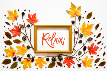 Wall Mural - golden frame with english text relax. beautiful, colorful autumn leaf decoration with maple and beec