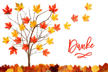Wall Mural - branches building tree with bright colorful leaf decoration. red and yellow leaves flying away due t