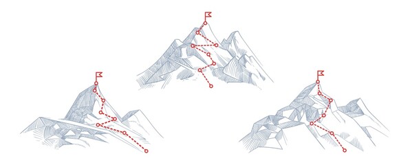 Mountain paths. Progress, success hiking path business metaphor. Journey climb to peak or route of mission. Progressive career way vector illustration. Mountain goal progress, career business