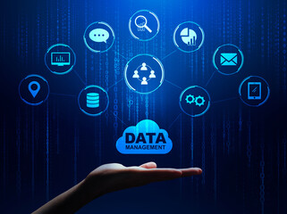Poster - Data Management Infographic System With Different Multimedia Icons Over Male Hand