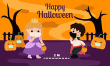 Happy Halloween With Social Distancing Tips For Kids. Boy And Girl Keep Safe Distance And Wearing Protective Mask. Nursery Flat Cartoon Vector Design With Spooky Background.