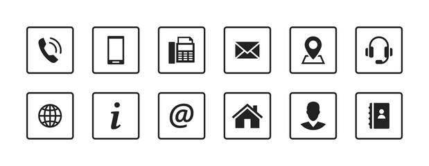 Fototapete - Set contact icons in a square. Black vector symbol elements.