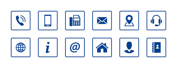Fototapete - Set contact icons in a square. Blue vector symbol elements.