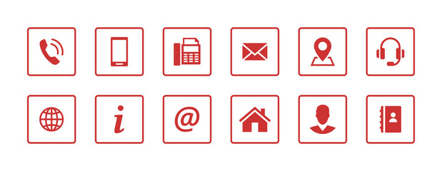 Fototapete - Set contact icons in a square. Red vector symbol elements.