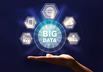 Poster - Male hand holding big data network inforgaphic icons on palm, creative collage