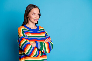 Poster - Turned photo of pretty charming dreamy girl worker cross hands enjoy working wear pullover isolated over blue color background