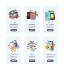 Wall Mural - mobile payments onboarding pages. web user interface design banners with concept pictures of online 